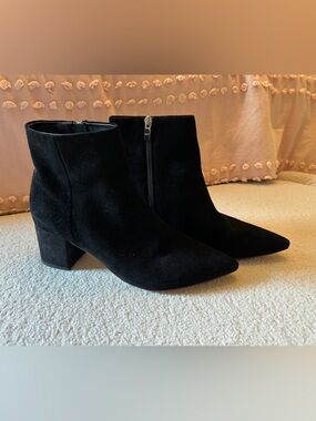 Marc Fisher Black Pointed Toe Suede Ankle Booties with Block Heel